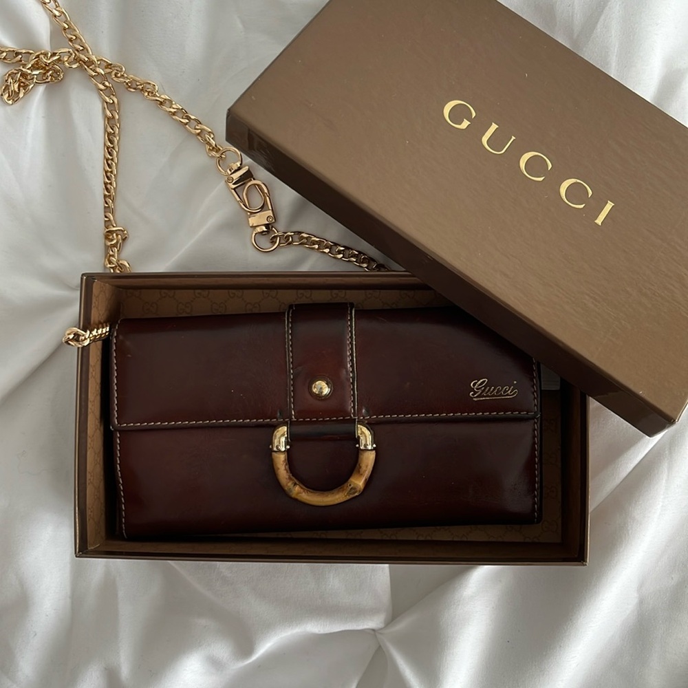 GUCCI 1944 Rare Vintage Bamboo & Brown Leather Continental Wallet